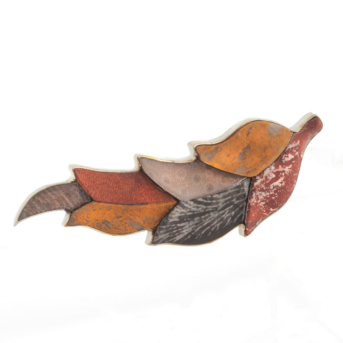Victorian silver and agate leaf brooch by the Bradford Brothers, featuring multicoloured Scottish agates.