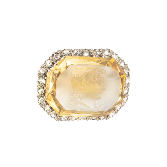 Victorian 15ct gold brooch with carved citrine Roman intaglio and diamond surround, c.1880s