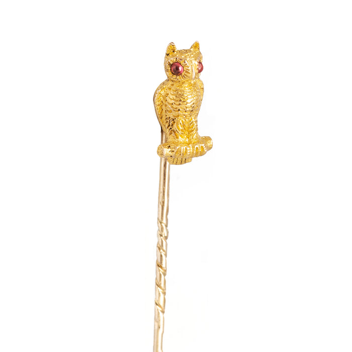 A Gold Owl Stick Pin with Ruby Eyes