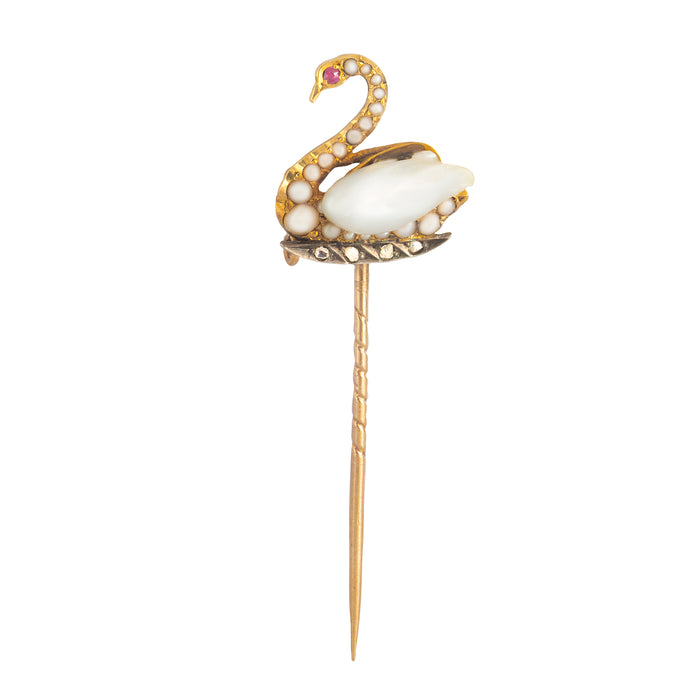 A Gold Swan Stick Pin with Ruby Eye