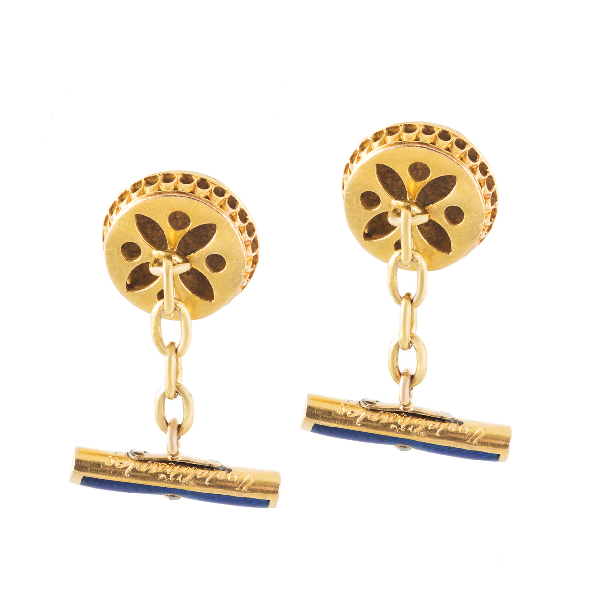 Pair of 1895 enamel and gold cufflinks featuring a cat face with diamond collar and engraved inscription