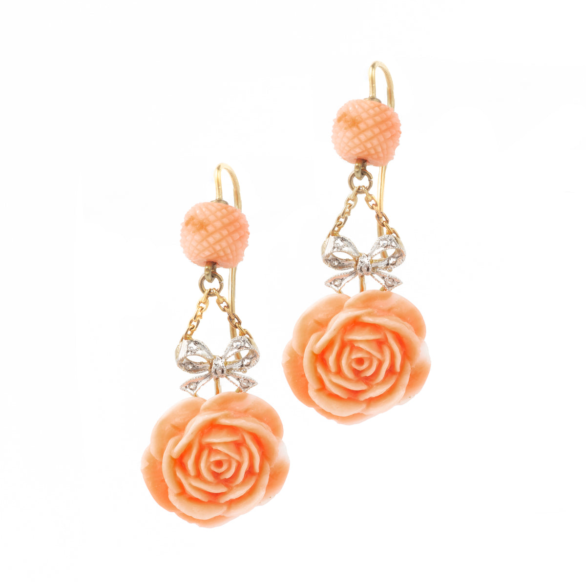 Belle Époque coral and diamond drop earrings in 18ct gold, featuring carved rose motifs