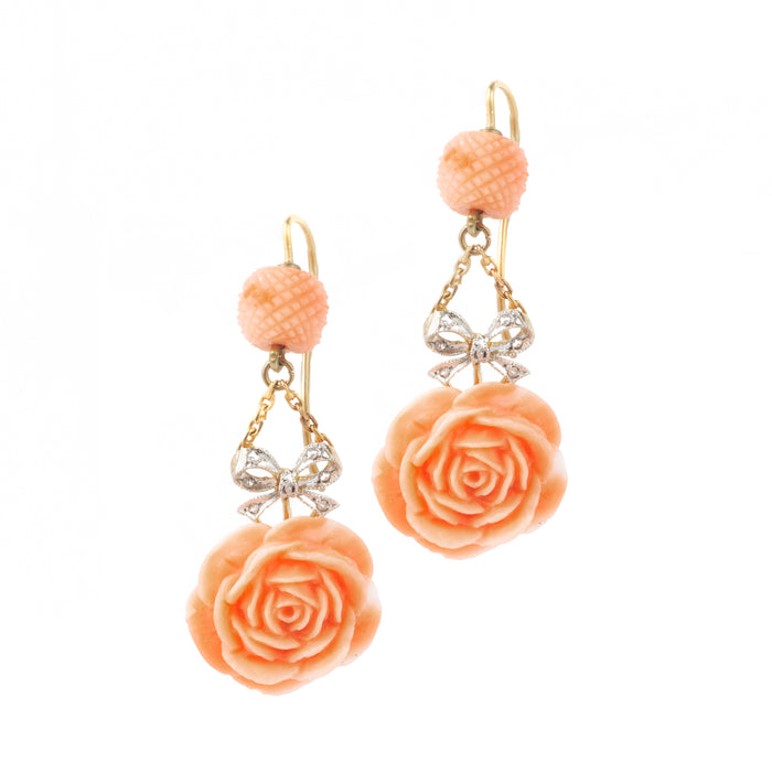 Belle Époque coral and diamond drop earrings in 18ct gold, featuring carved rose motifs