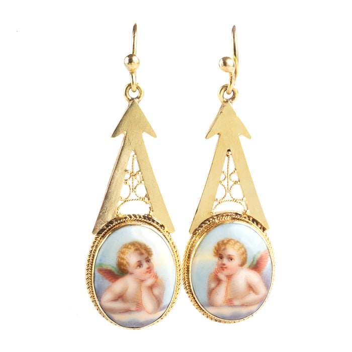 Antique Italian earrings with enamel portraits of cherubs in 18ct gold