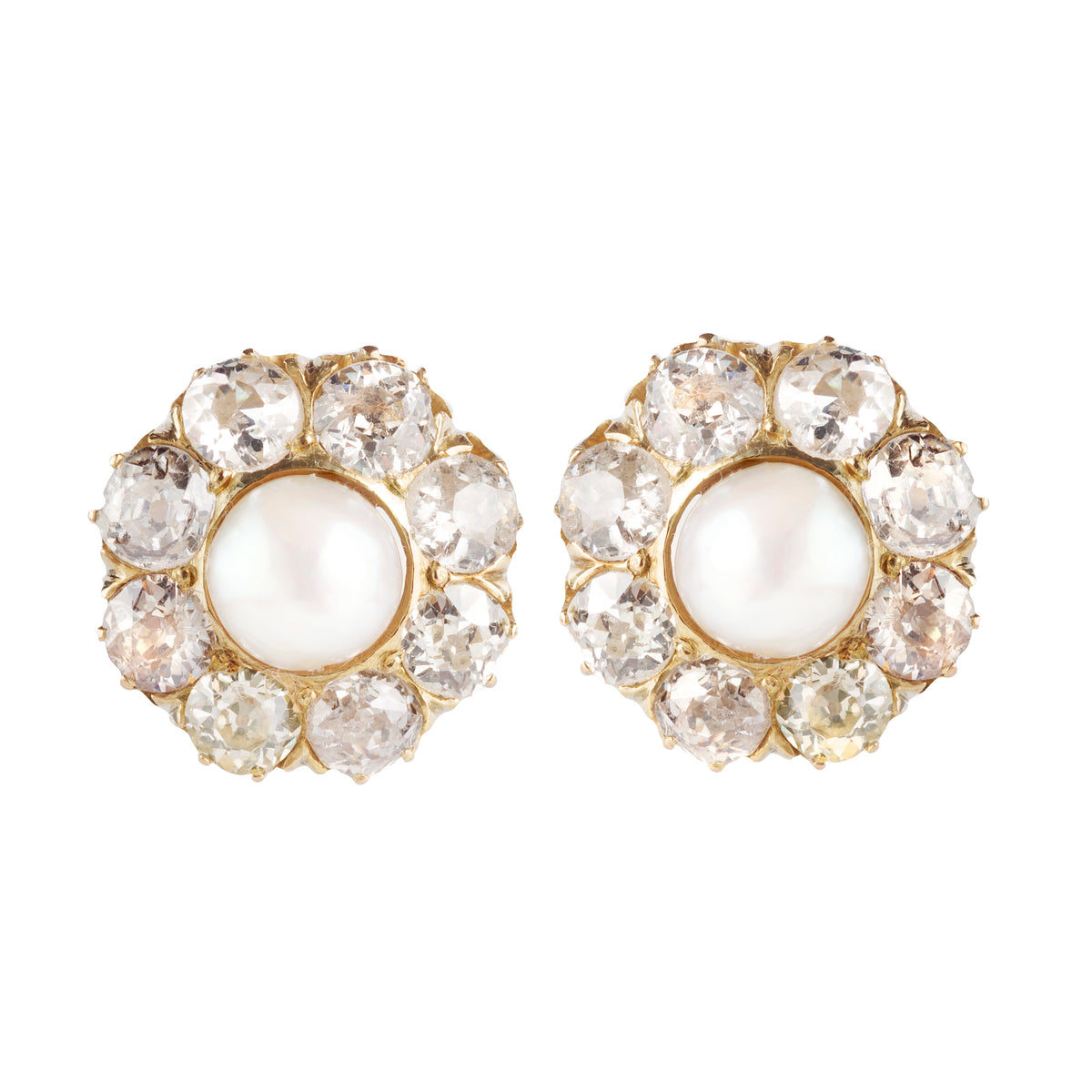 Edwardian pearl and old mine cut diamond stud earrings in 18ct gold, c.1900