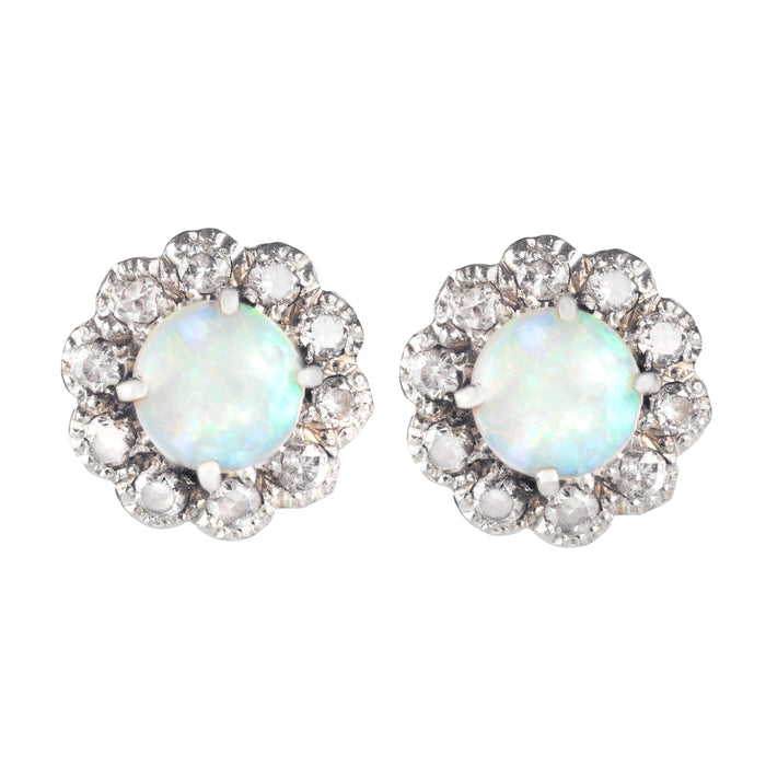 Edwardian opal and diamond cluster earrings in platinum and 18ct gold, c.1915