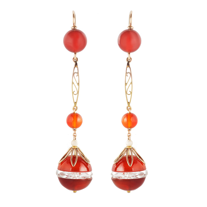 Antique gold drop earrings with carnelian, rock crystal, and pearl beads.