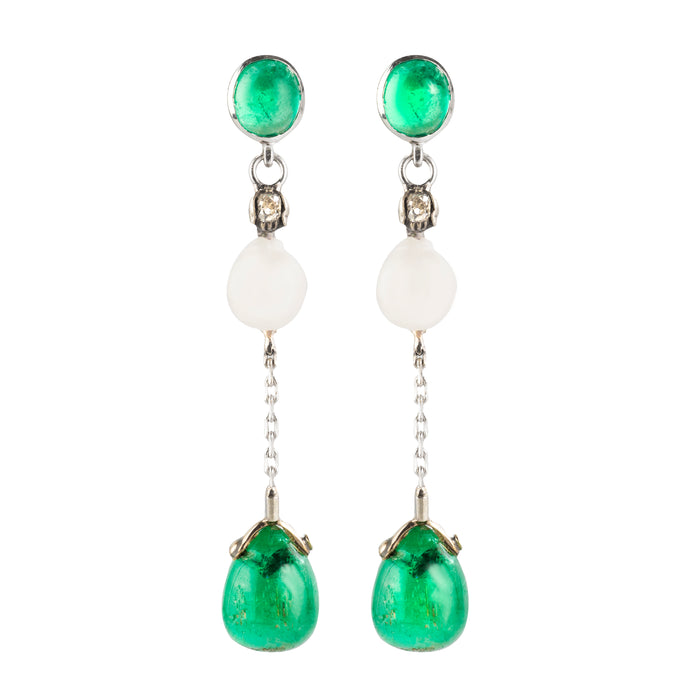 Pair of drop earrings with emerald cabochons, natural pearls, and diamond accents in 18ct gold
