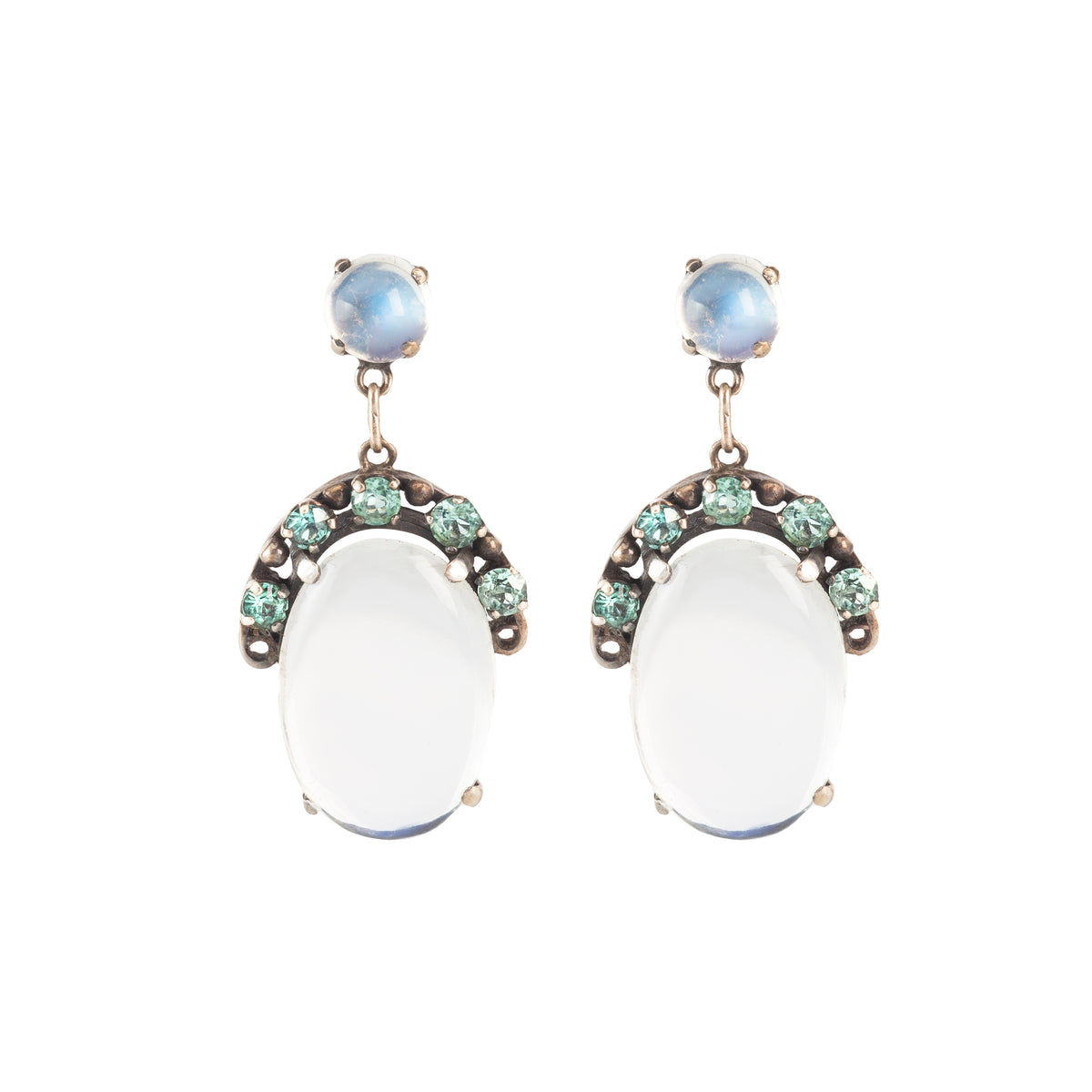 A pair of Arts and Crafts silver drop earrings with moonstone and green zircon, c.1920s.