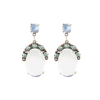 A pair of Arts and Crafts silver drop earrings with moonstone and green zircon, c.1920s.