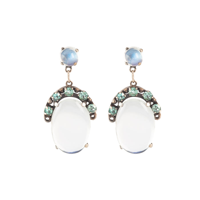 A pair of Arts and Crafts silver drop earrings with moonstone and green zircon, c.1920s.