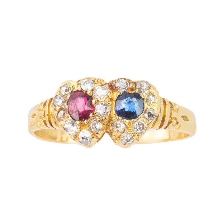 Edwardian double heart ring in 18ct gold with ruby, sapphire and rose-cut diamond surround, dated c.1910