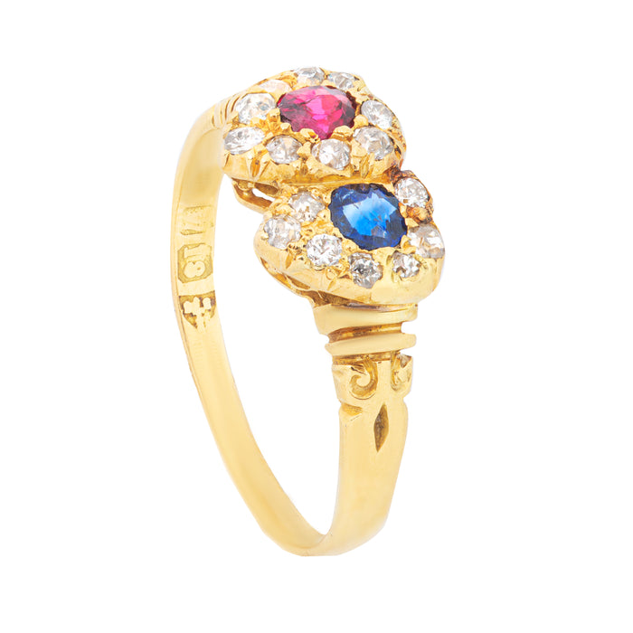 Edwardian double heart ring in 18ct gold with ruby, sapphire and rose-cut diamond surround, dated c.1910