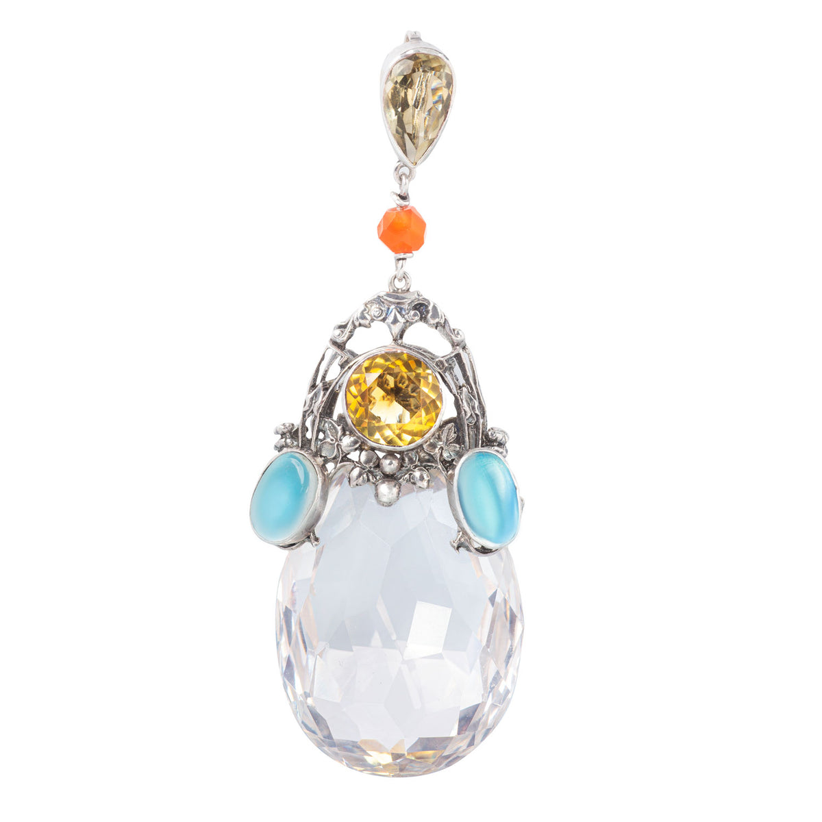 1930s Amy Sandheim pendant featuring rock crystal, citrine and moonstone, set in silver with original chain.