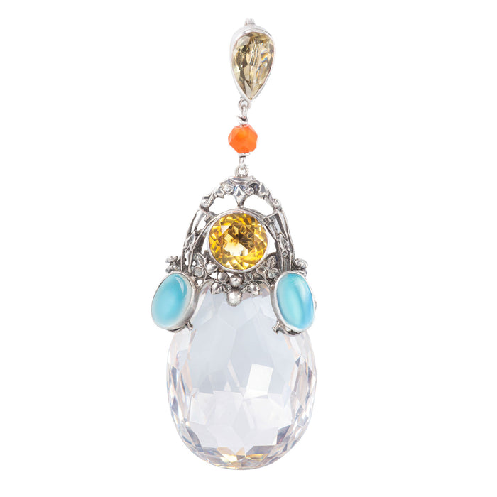 1930s Amy Sandheim pendant featuring rock crystal, citrine and moonstone, set in silver with original chain.