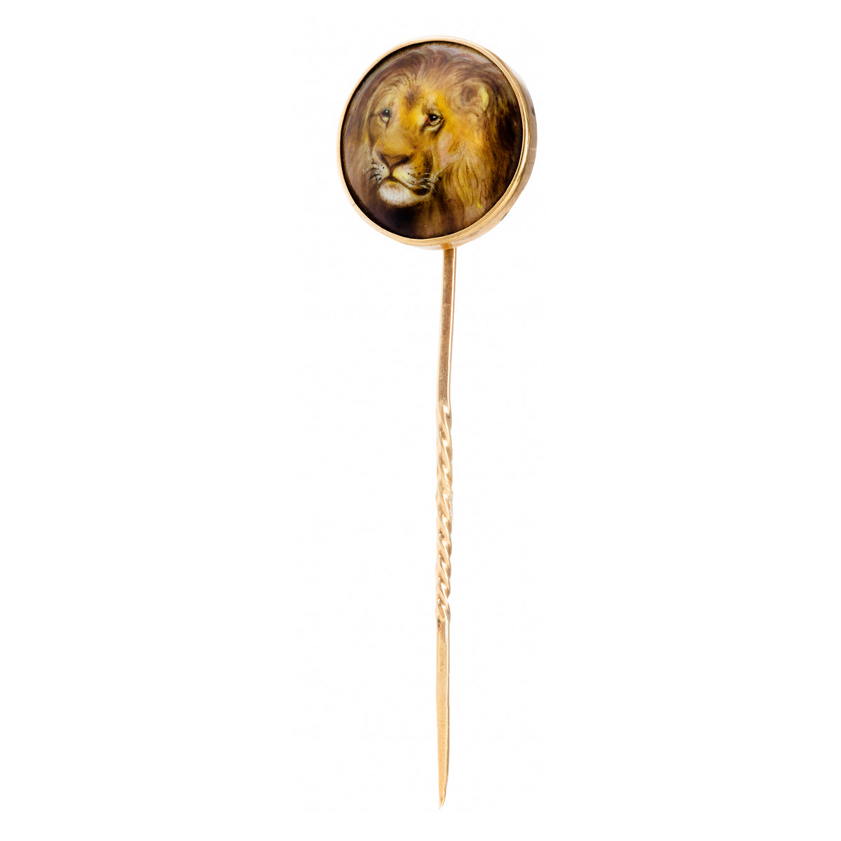 Victorian 15ct gold stick pin with hand-painted lion’s head beneath rock crystal, dated 1862