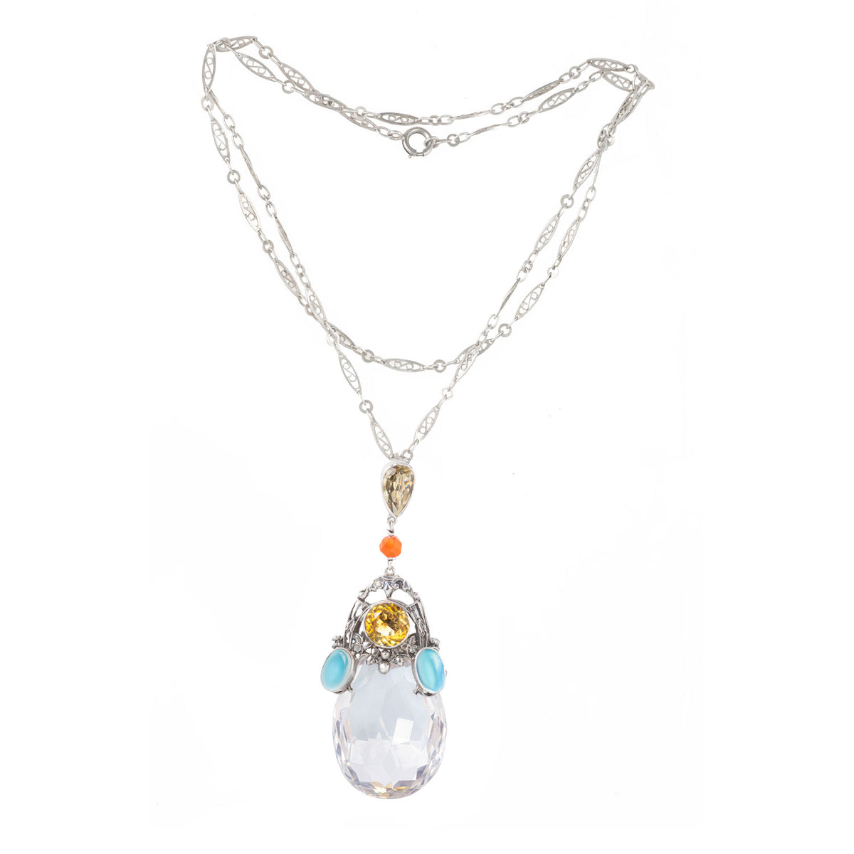 Full view of Arts & Crafts necklace by Amy Sandheim with carnelian bead, citrine, moonstone and silver chain.