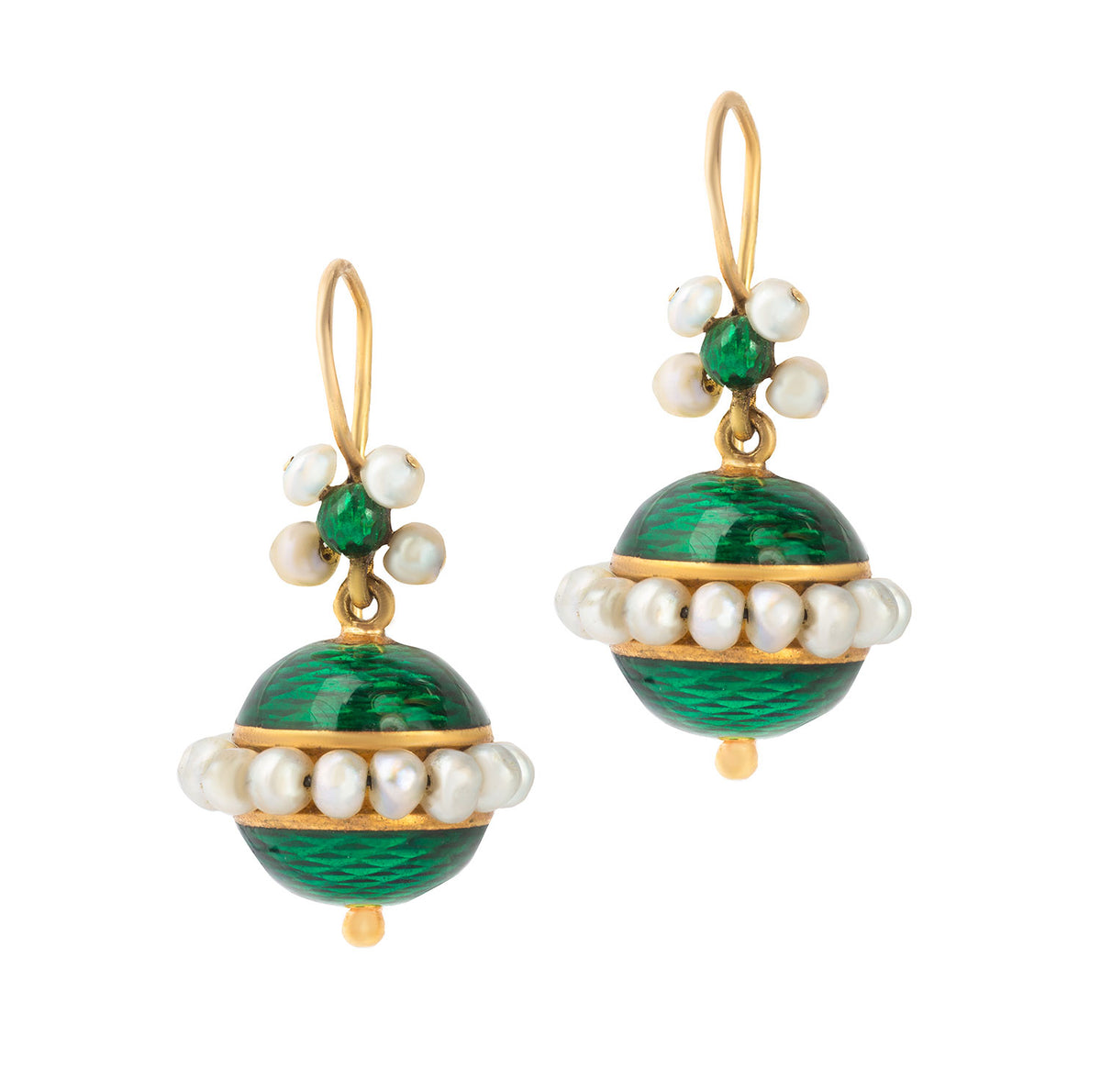 Late Victorian 18ct gold earrings with green guilloché enamel spheres and natural seed pearl halo, shown on white background