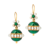 Late Victorian 18ct gold earrings with green guilloché enamel spheres and natural seed pearl halo, shown on white background