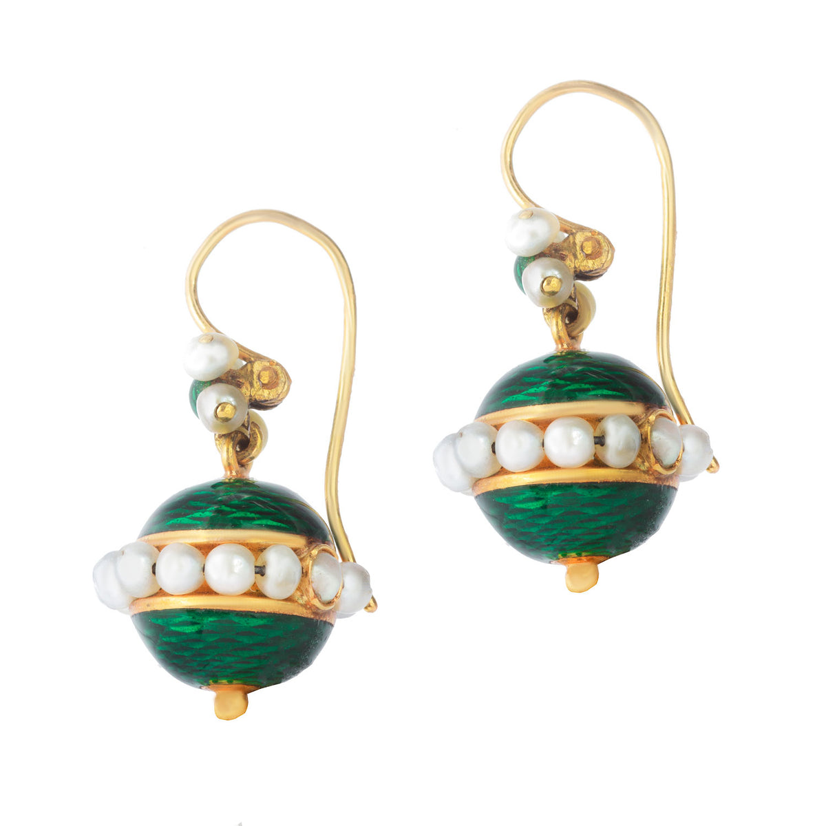 Pair of antique 1880s green enamel and pearl orb earrings in 18ct gold, with shepherd’s hook fittings and detailed top enamel dome