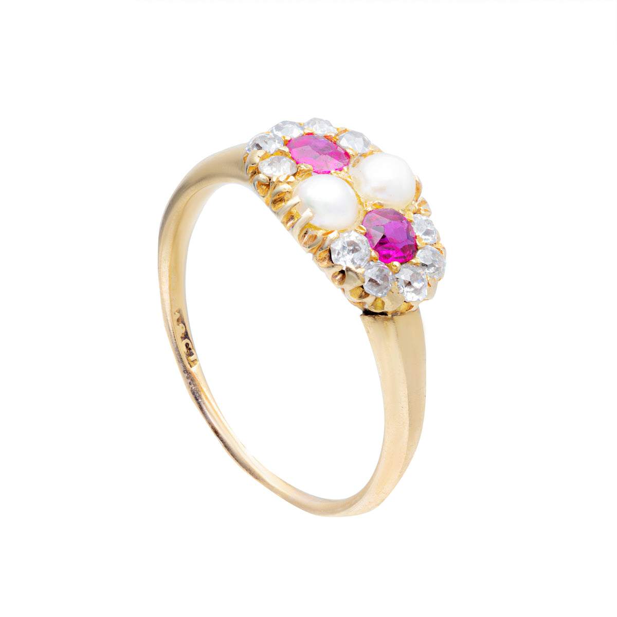 Side view of 18ct gold vintage ring featuring rubies, pearls and diamonds in an oval cluster setting