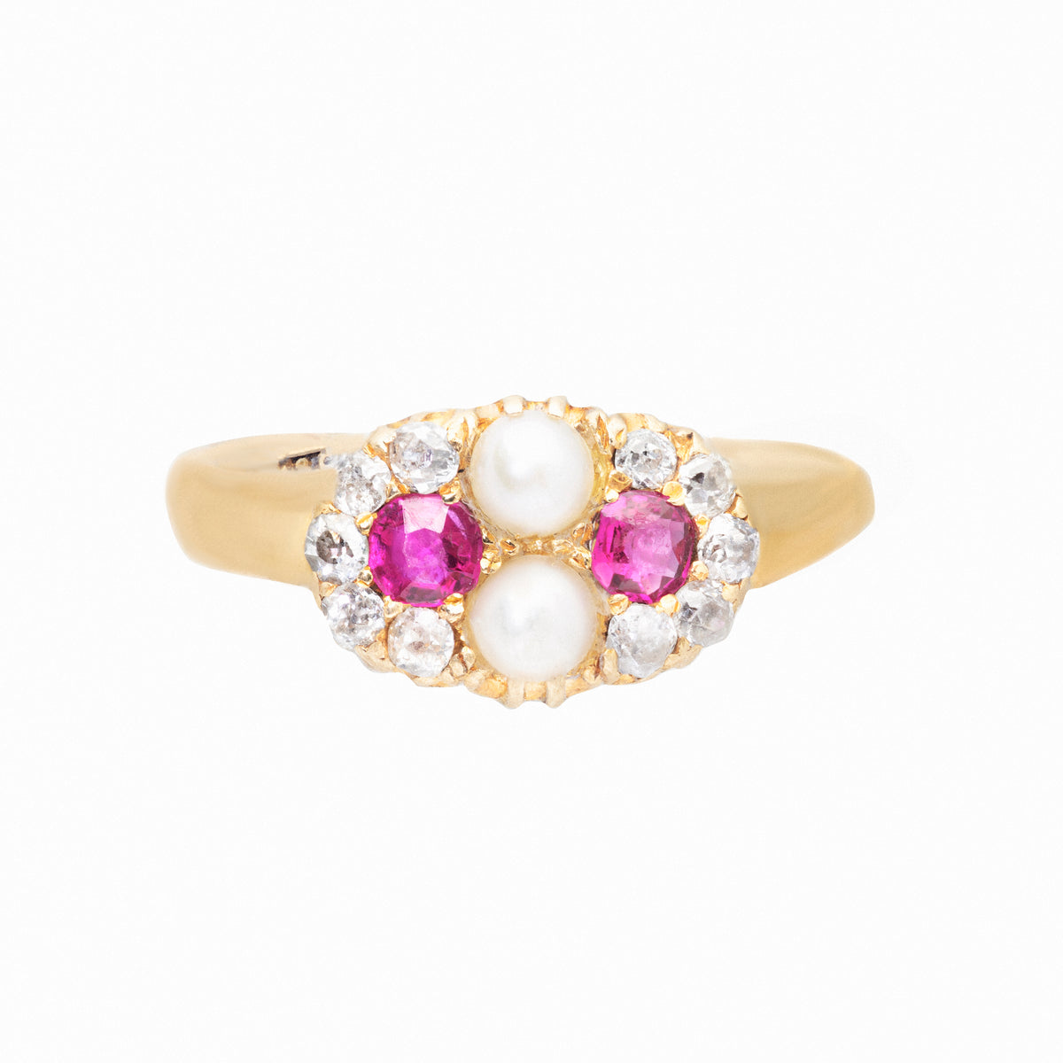 Antique 1920s cluster ring with rubies, pearls and old-cut diamonds in 18ct gold, shown on ring box