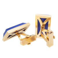 Back view of 18ct gold lapis cufflinks with hinged fittings and etched gold detailing