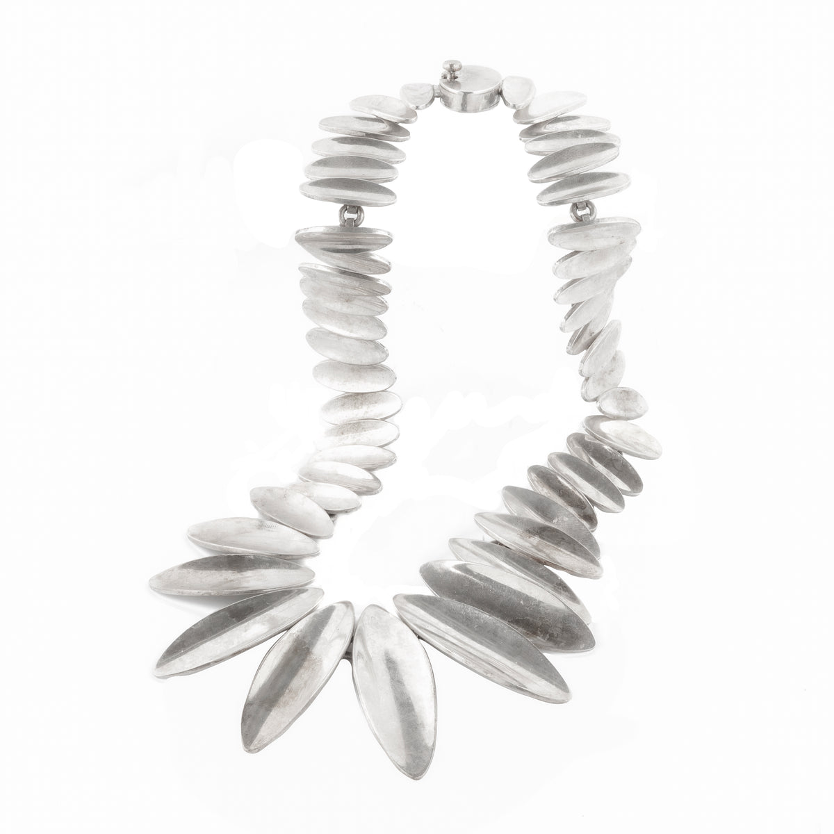 Bold sterling silver collar necklace featuring tapered oval beads