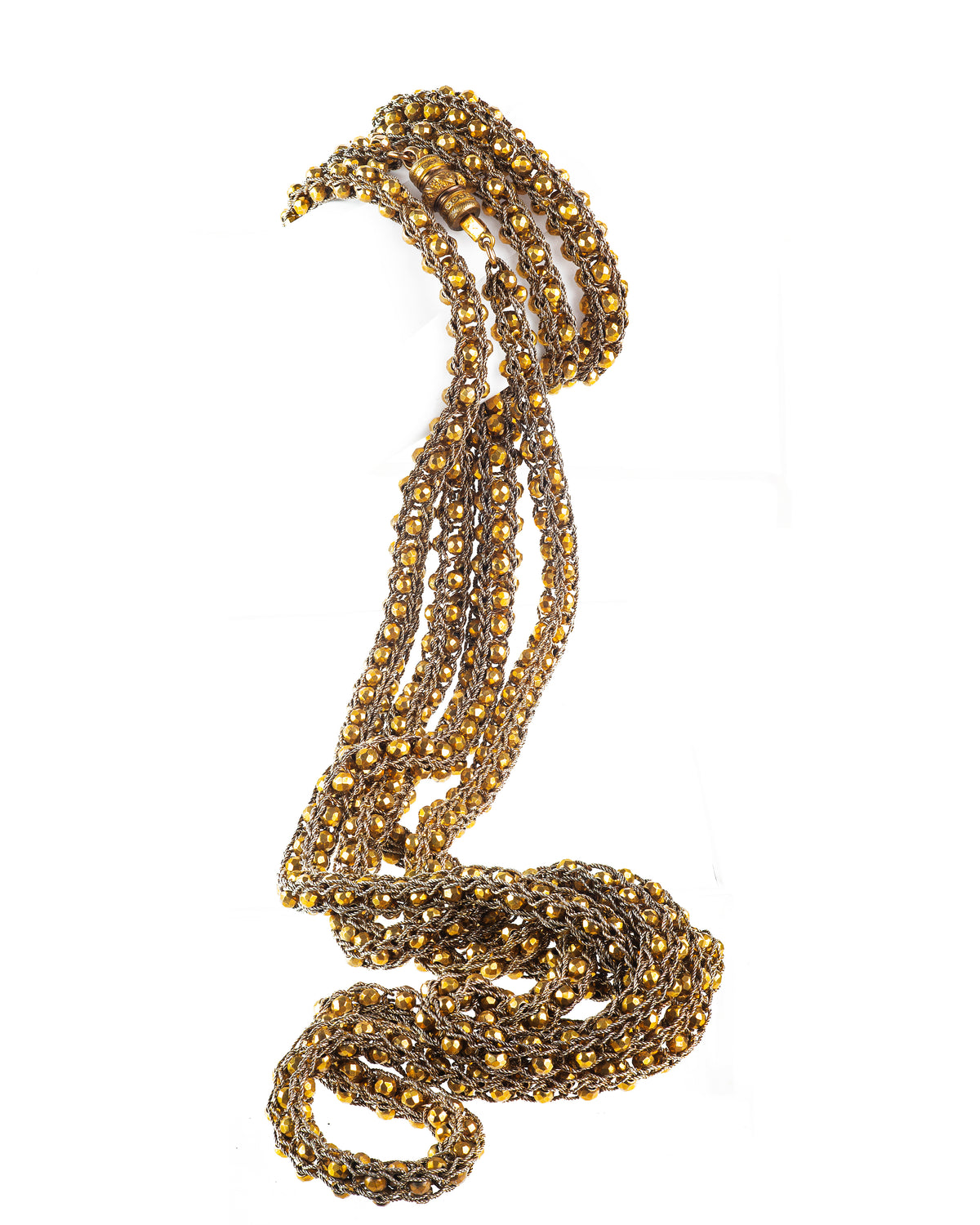 Long Victorian Pinchbeck sautoir with faceted baubles and braided rope chain, c.1880s