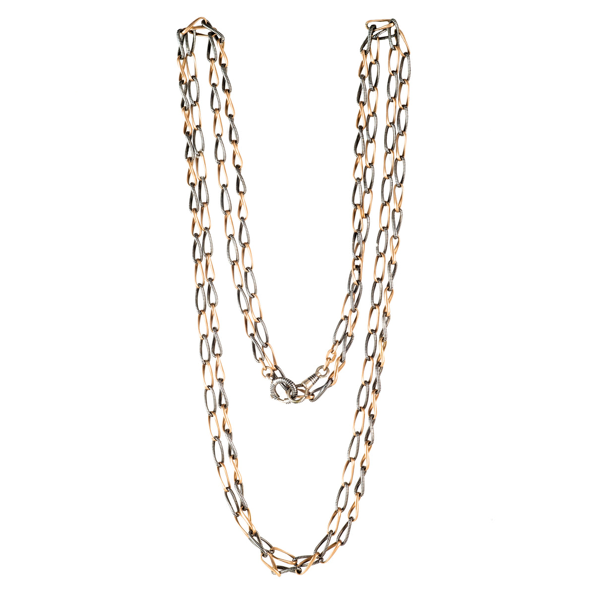 Long antique niello and gilt silver guard chain necklace, 150cm, looped display.