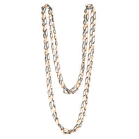 Long antique niello and gilt silver guard chain necklace, 150cm, looped display.