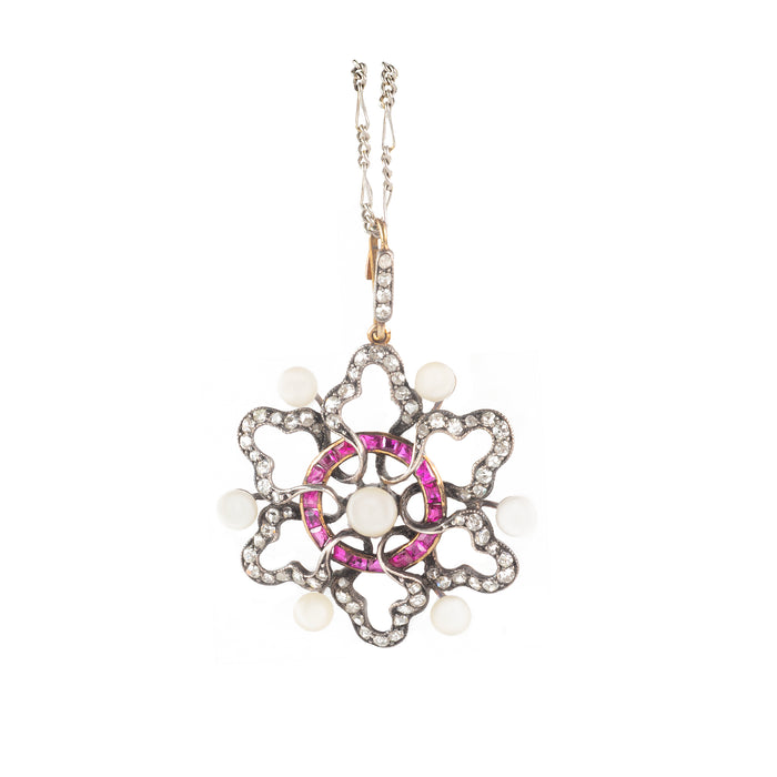 Belle Époque platinum necklace with diamonds, calibré rubies, and pearls, French, c.1905