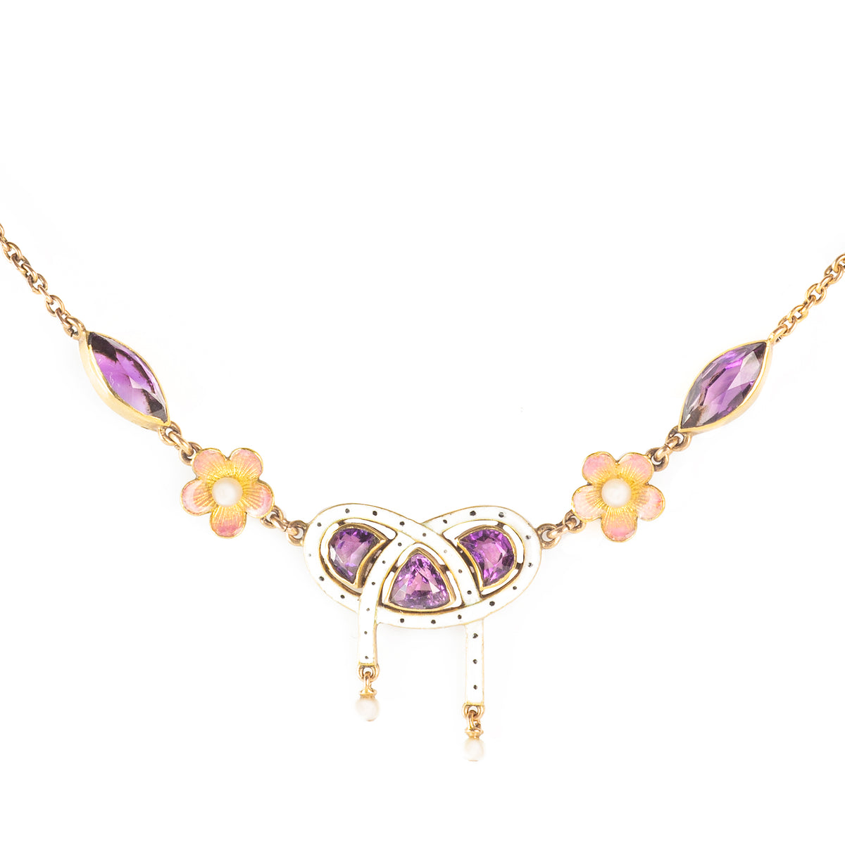 Gold and enamel Edwardian necklace with lover’s knot, pear-shaped amethysts, and enamel flowers, c.1905.