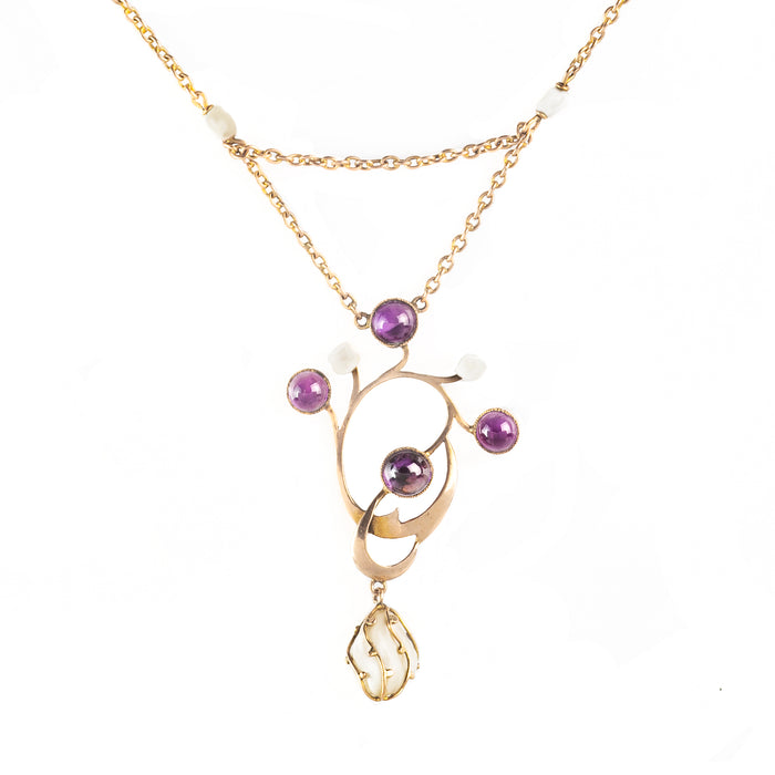 Antique gold necklace with amethysts and seed pearls in a botanical Art Nouveau design