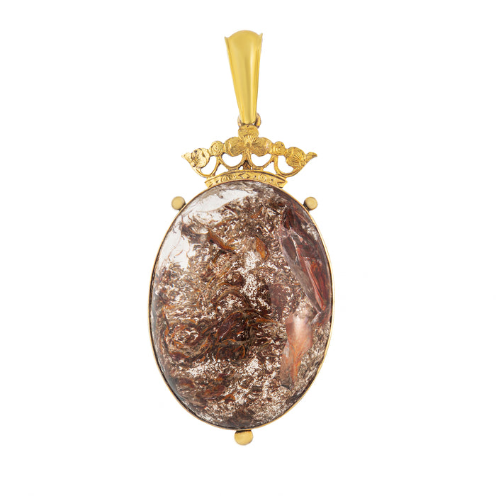 Large rock crystal pendant set in 15ct gold with crown-shaped mount, c.19th century.
