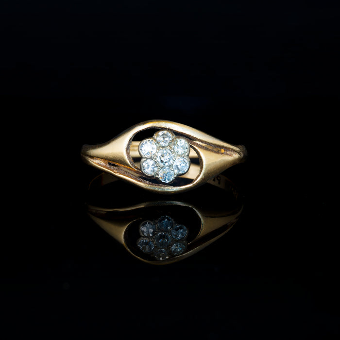 Art Nouveau diamond cluster ring with open gold shoulders