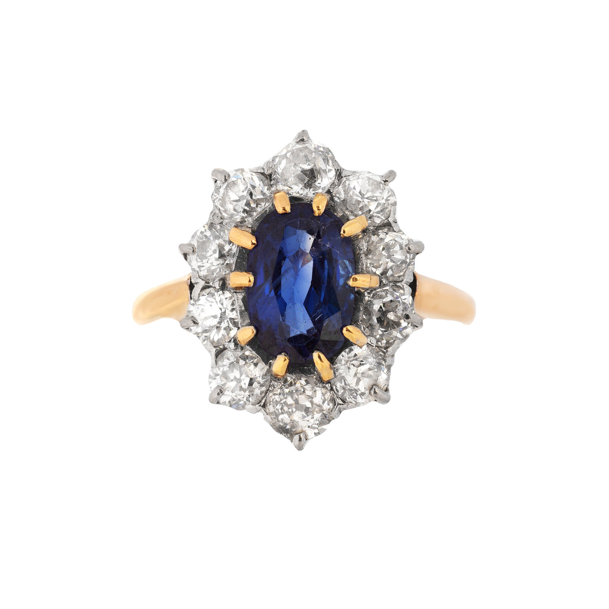 Antique Ceylon sapphire and diamond cluster ring in 18ct gold