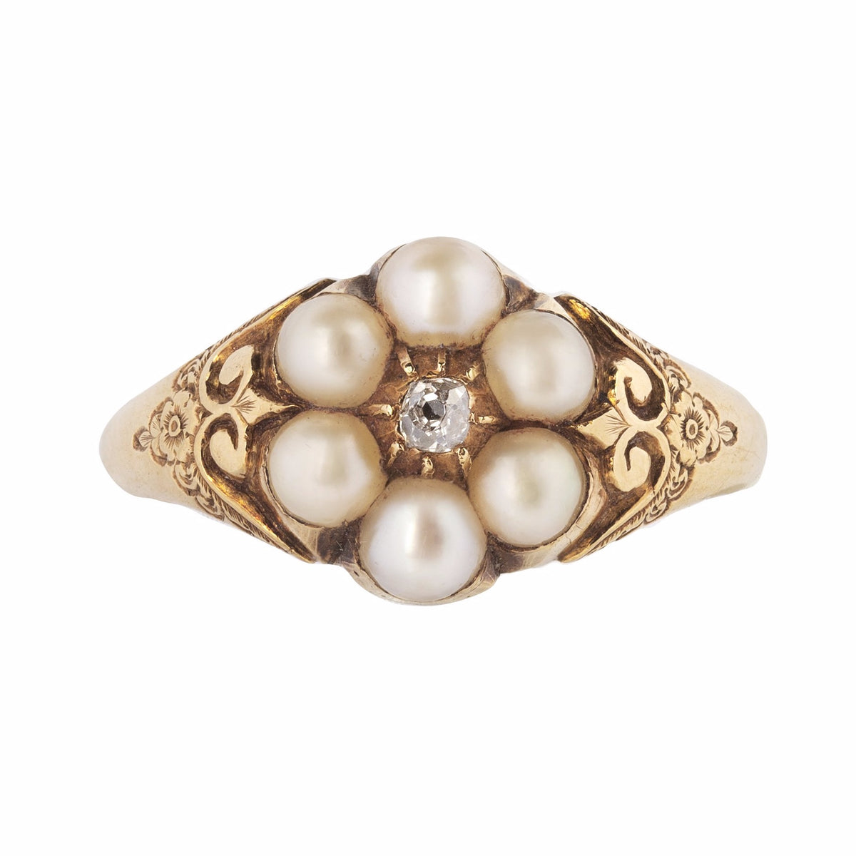 Victorian pearl cluster ring with old cut diamond and engraved gold shoulders, English c.1870s