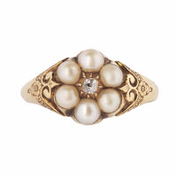 Victorian pearl cluster ring with old cut diamond and engraved gold shoulders, English c.1870s