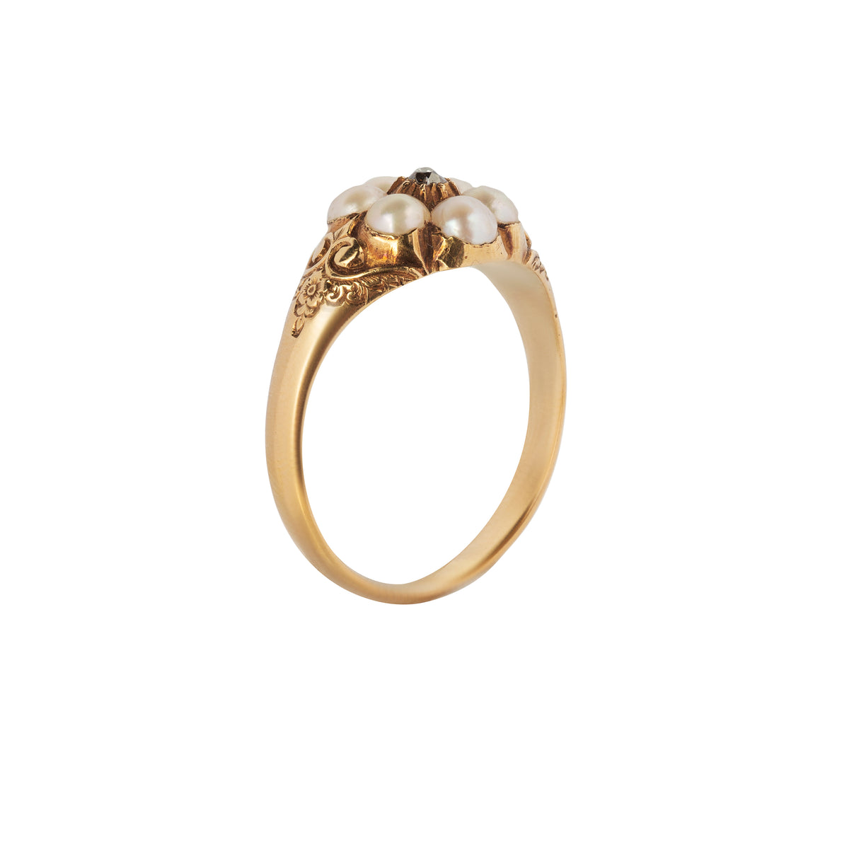 Flowerhead ring with six natural pearls, central diamond, and floral engraving in 18ct gold