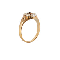 Flowerhead ring with six natural pearls, central diamond, and floral engraving in 18ct gold