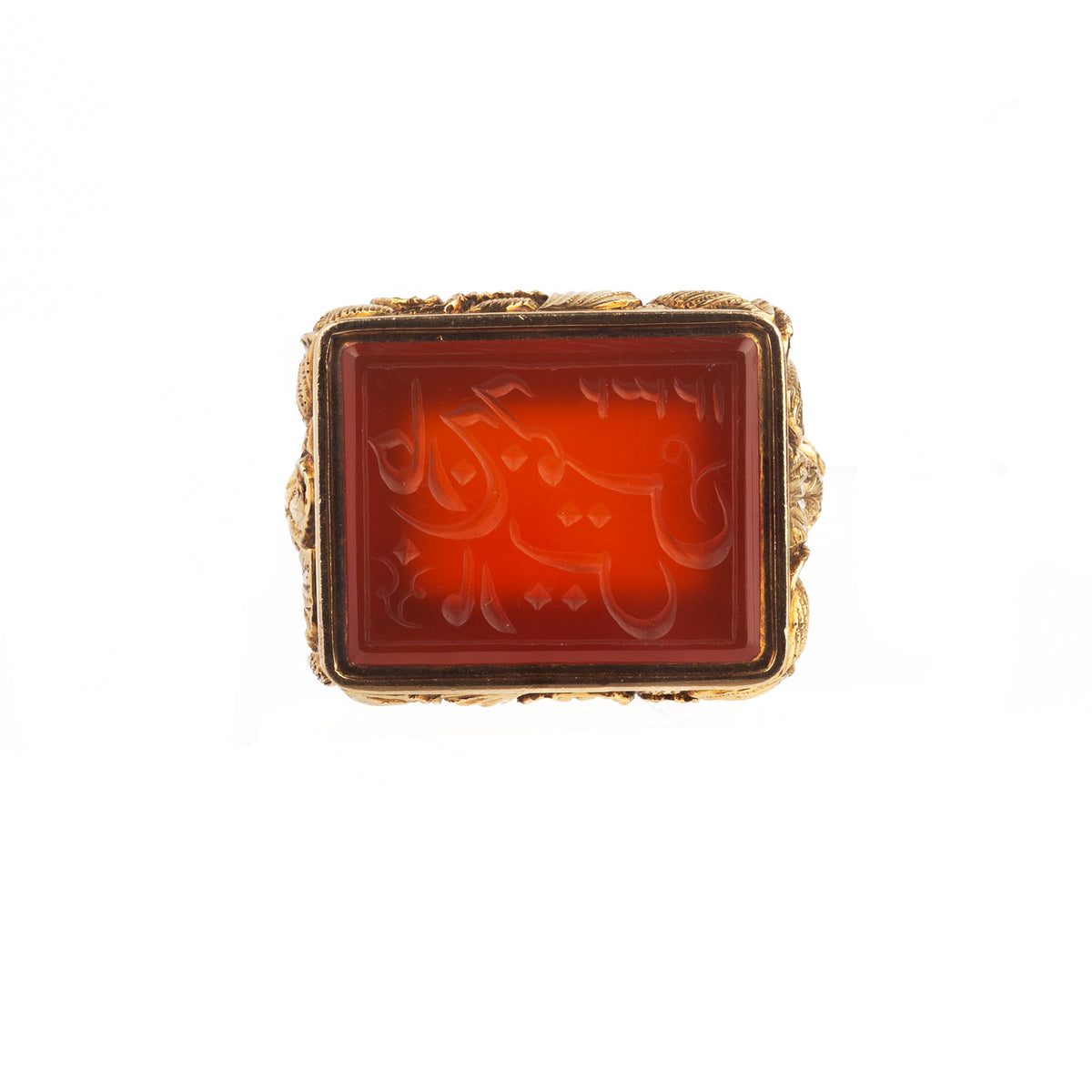 Victorian gold seal with carved Persian carnelian intaglio, ornate chased handle design.