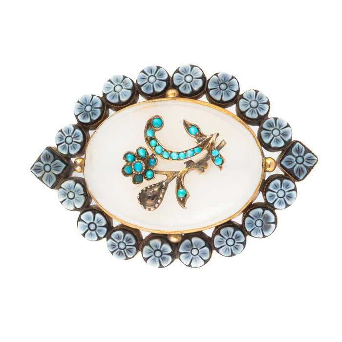 French Belle Époque brooch with chalcedony, turquoise, diamonds and carved onyx border