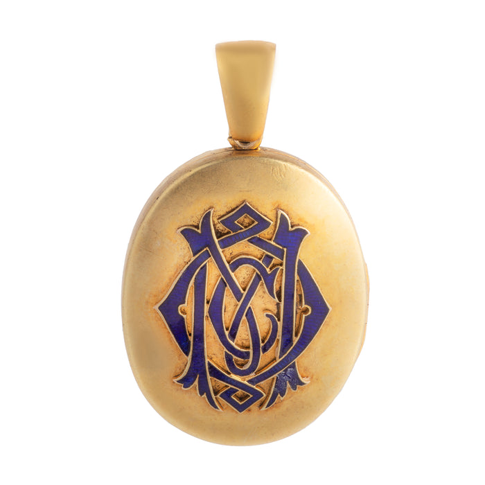 Blue enamel monogram on antique gold locket, Victorian British c.1880