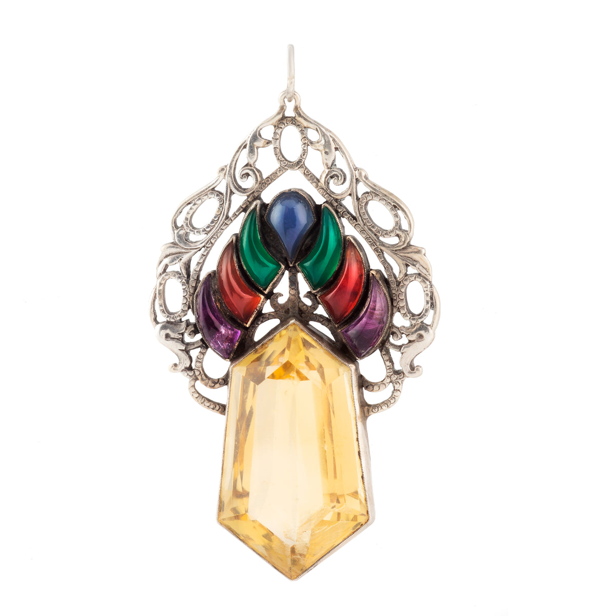 Art Nouveau silver pendant with large citrine and surrounding amethyst, agate, carnelian, and chalcedony, c.1900