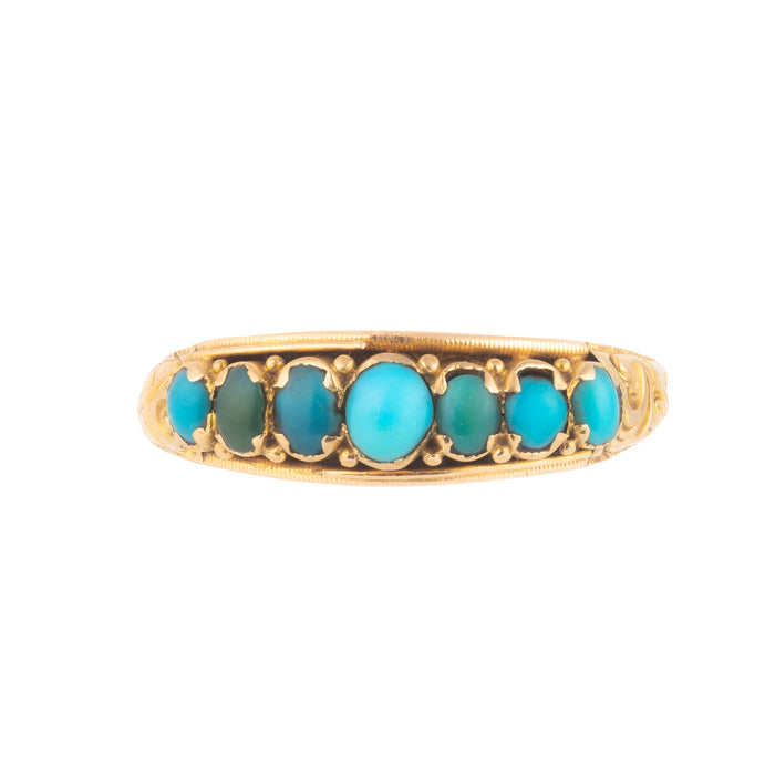 Antique Victorian turquoise ring in 15ct yellow gold with seven cabochons