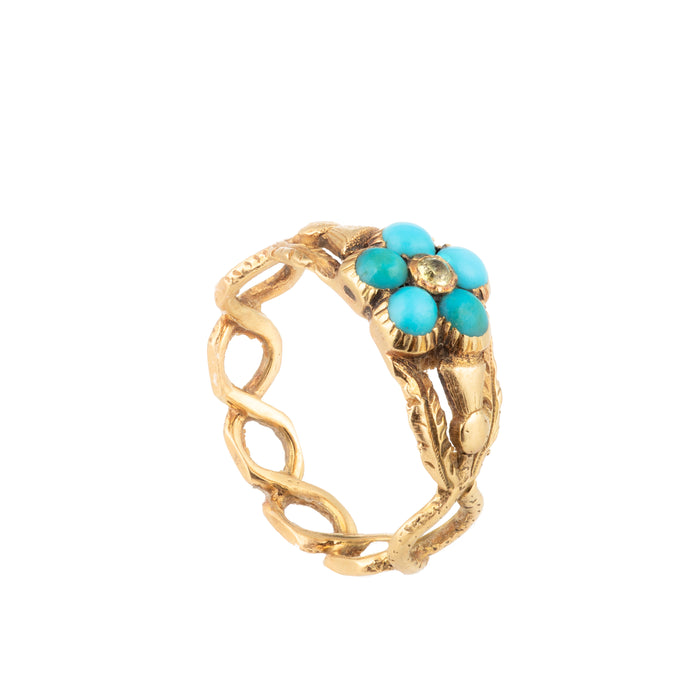 Antique turquoise and diamond forget-me-not ring with engraved gold band