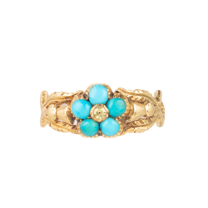 Victorian 18ct gold ring with turquoise flower and central diamond, c.1850s