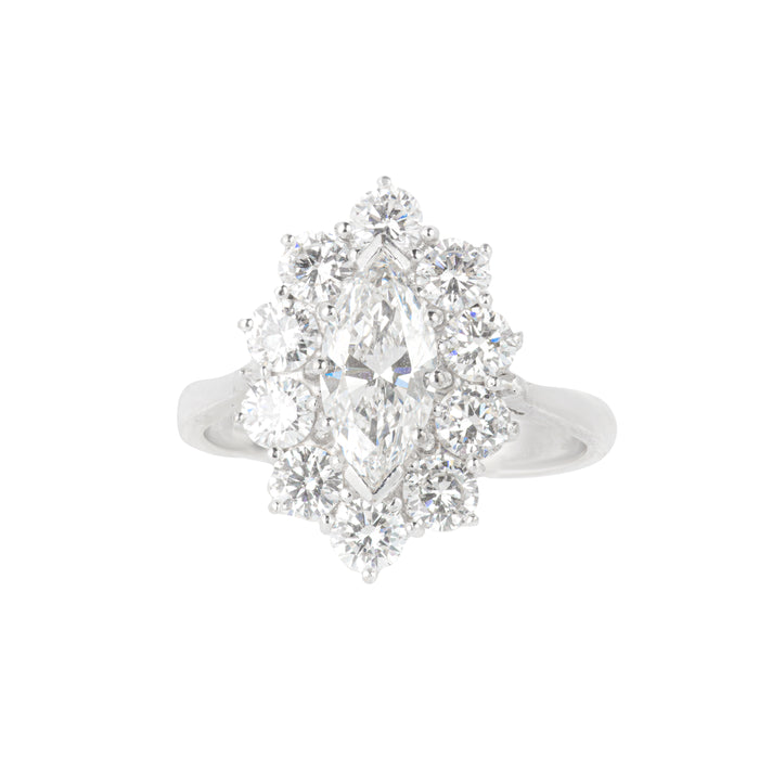 Front view of a 1960s marquise diamond cluster ring in 18ct white gold.