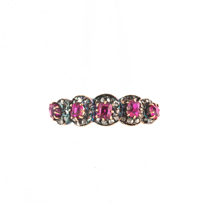Antique ruby and diamond ring in 9ct gold, set with rose-cut stones, British c.1850s